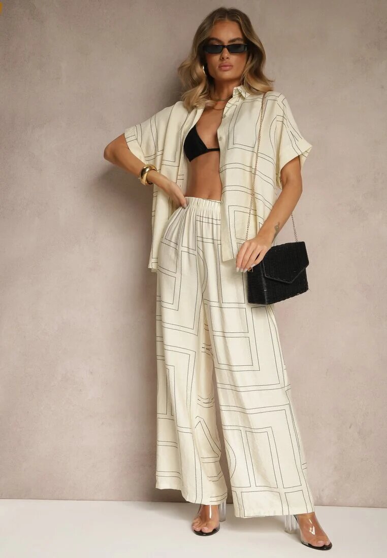 rosita Set Bej deschis din Viscoză și In Pantaloni și Cămașă cu Motiv Geometric Fevalette