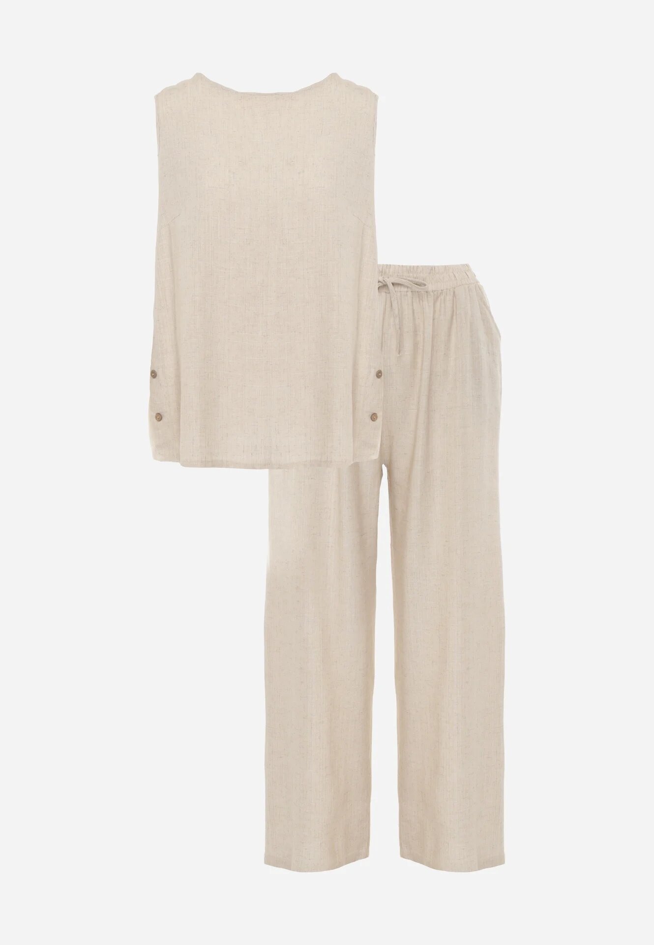 rosita Set de vară din vâscoză și in pantaloni și bluză cu nasturi decorativi Belone Bej