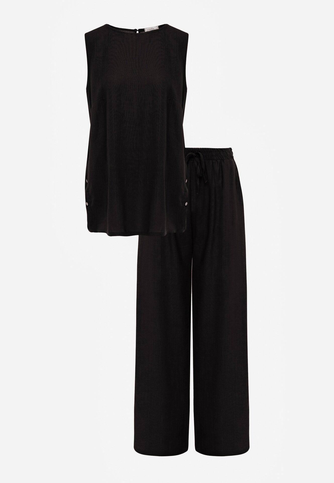 rosita Set de vară din vâscoză și in pantaloni și bluză cu nasturi decorativi Belone Negru