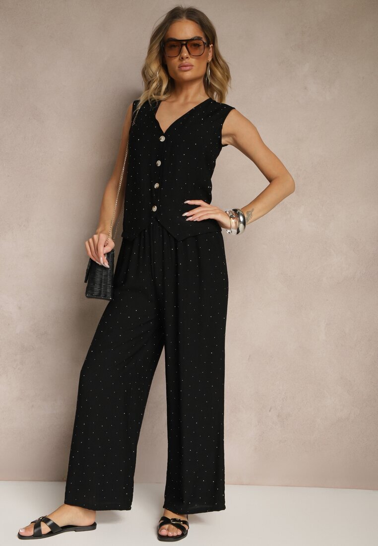 rosita Set Negru cu Croială de Costum din In Vestă și Pantaloni cu Zirconii Redavale