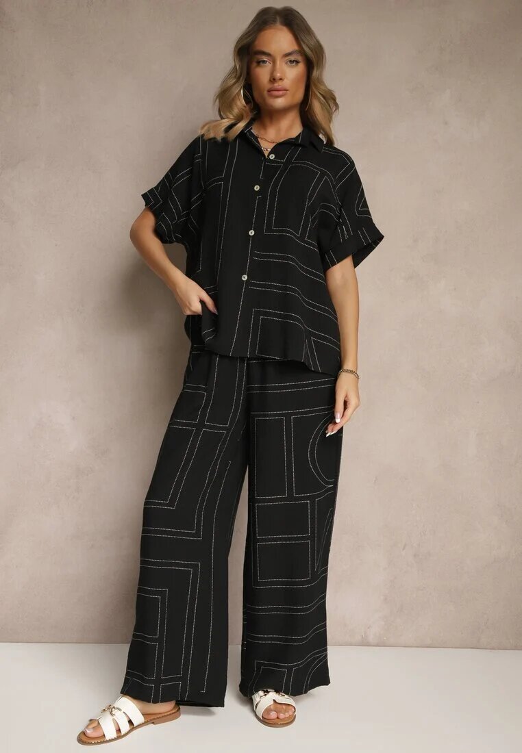 rosita Set Negru din Vâscoză și In Pantaloni și Cămașă cu Motiv Geometric Fevalette