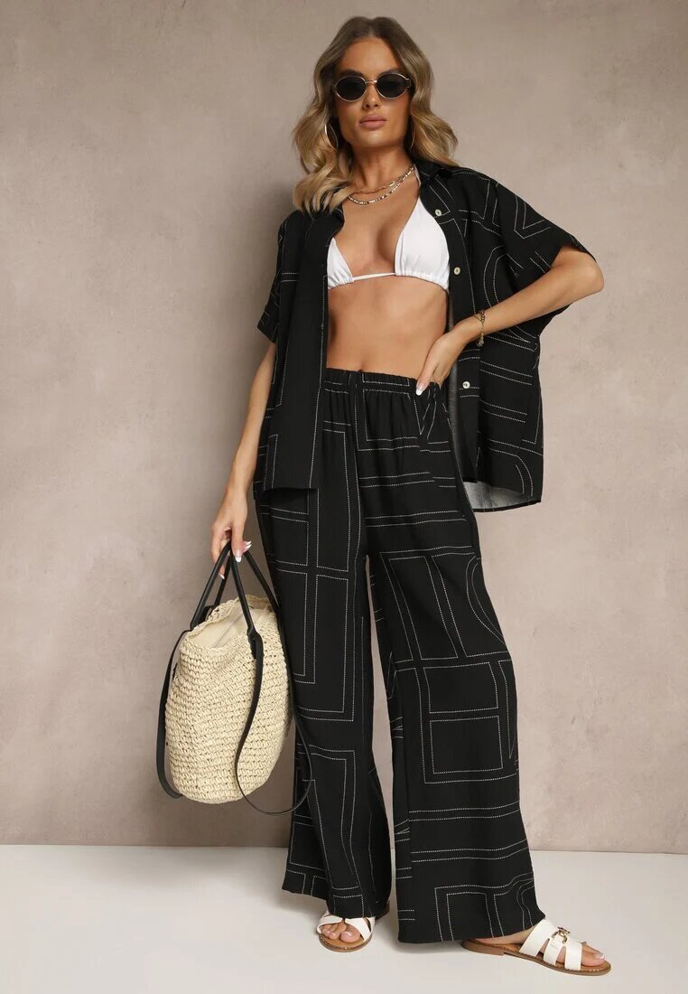 rosita Set Negru din Vâscoză și In Pantaloni și Cămașă cu Motiv Geometric Fevalette