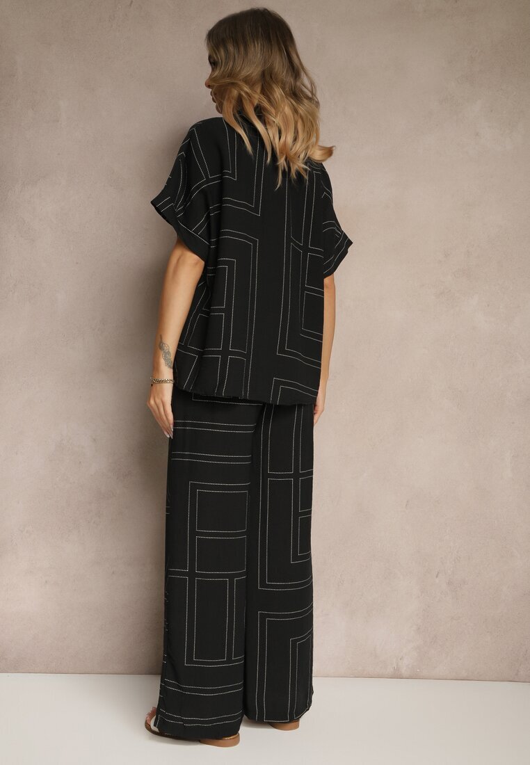 rosita Set Negru din Vâscoză și In Pantaloni și Cămașă cu Motiv Geometric Fevalette