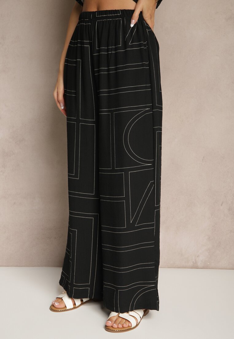 rosita Set Negru din Vâscoză și In Pantaloni și Cămașă cu Motiv Geometric Fevalette