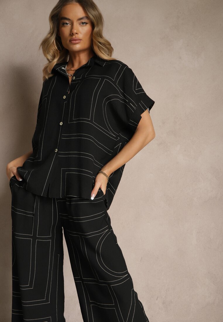 rosita Set Negru din Vâscoză și In Pantaloni și Cămașă cu Motiv Geometric Fevalette
