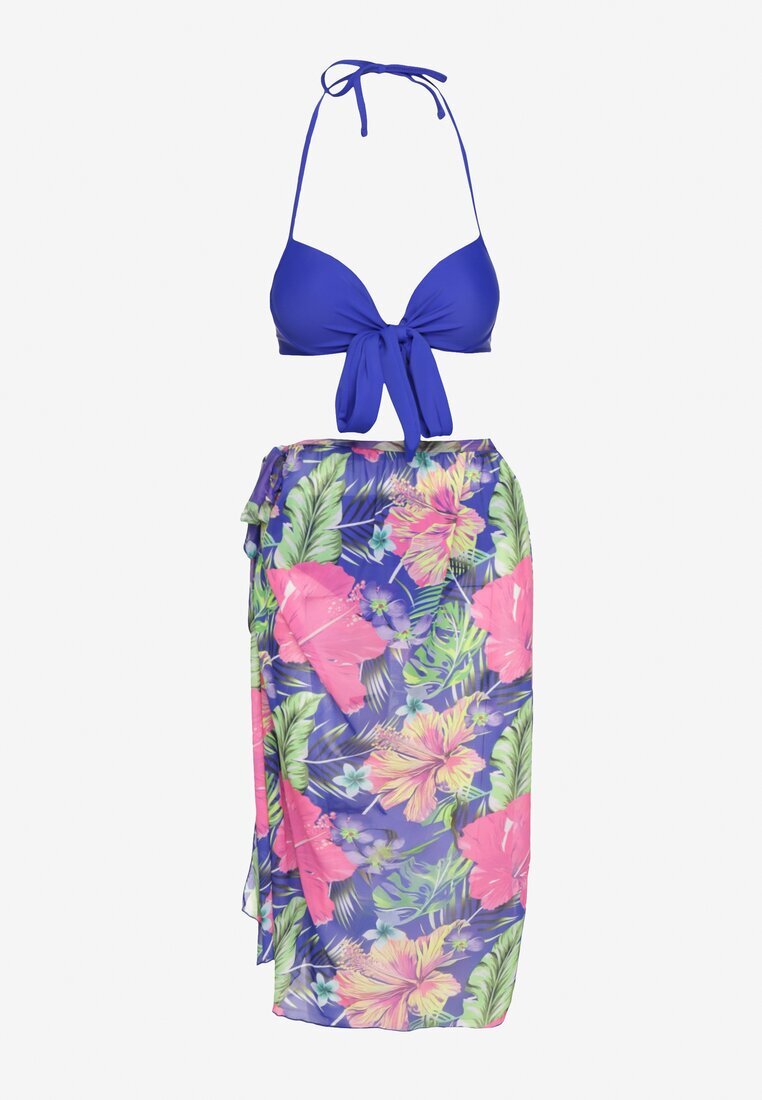 rosse line Bikini Albastru Chiloți Slip Sutien cu Legătură și Pareo Floral Folanira