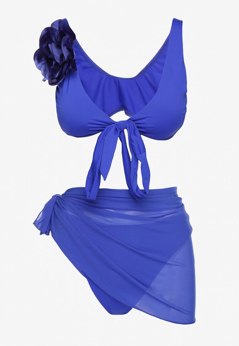rosse line Bikini Albastru Chiloți Sutien cu Broșă Floare 3D și Pareo Plasă Folissa