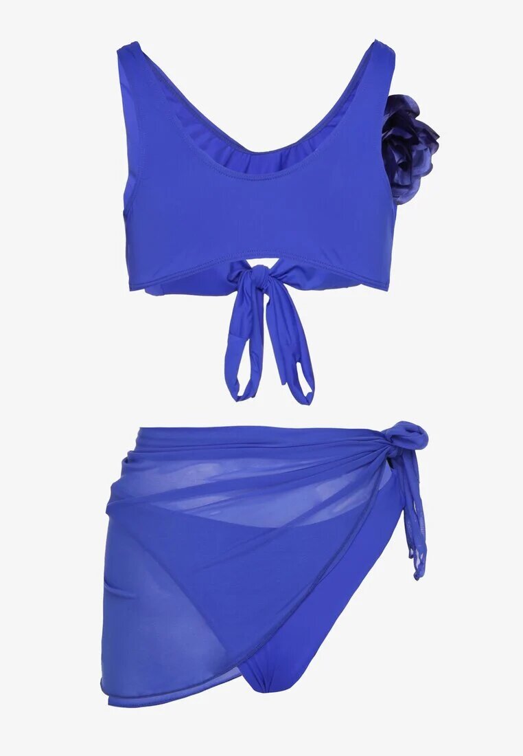 rosse line Bikini Albastru Chiloți Sutien cu Broșă Floare 3D și Pareo Plasă Folissa