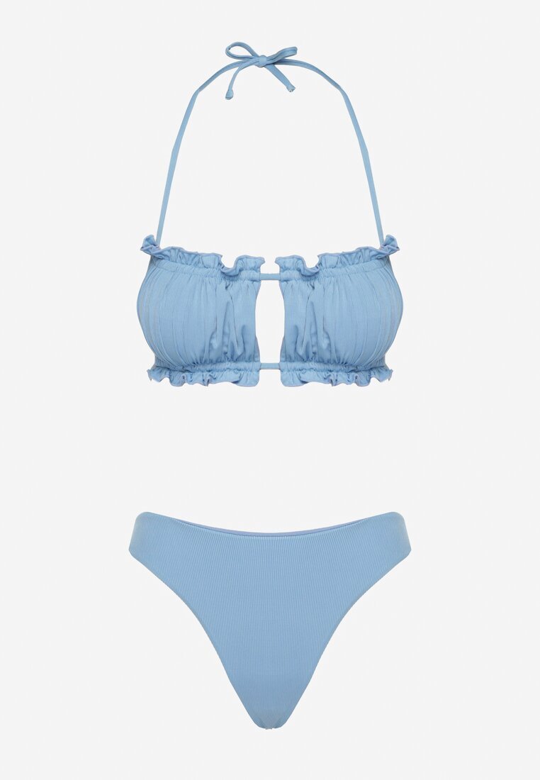 rosse line Bikini Albastru deschis Chiloți și Sutien cu Legături Ornat cu încrețituri Folinira
