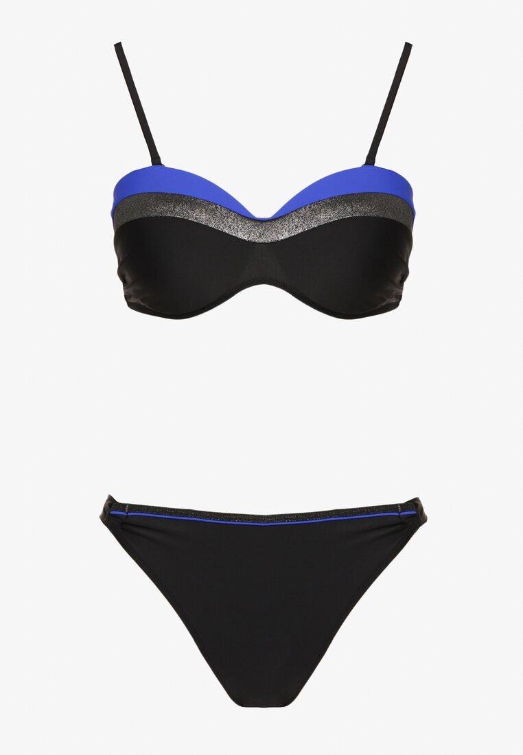 rosse line Bikini Albastru-Negru cu Fir Metalic Sutien Întărit și Chiloți Mitelle