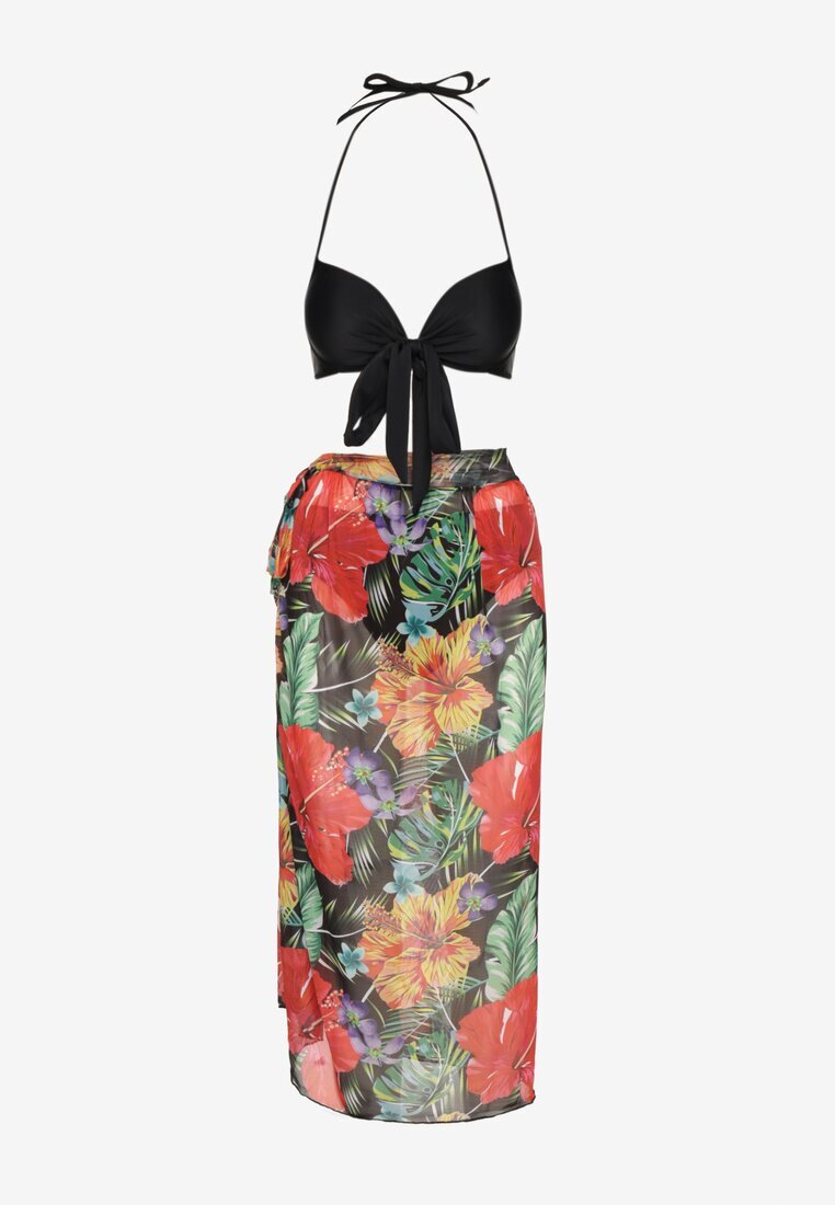 rosse line Bikini Negru Chiloți Sutien cu Legătură și Pareo Floral Folanira