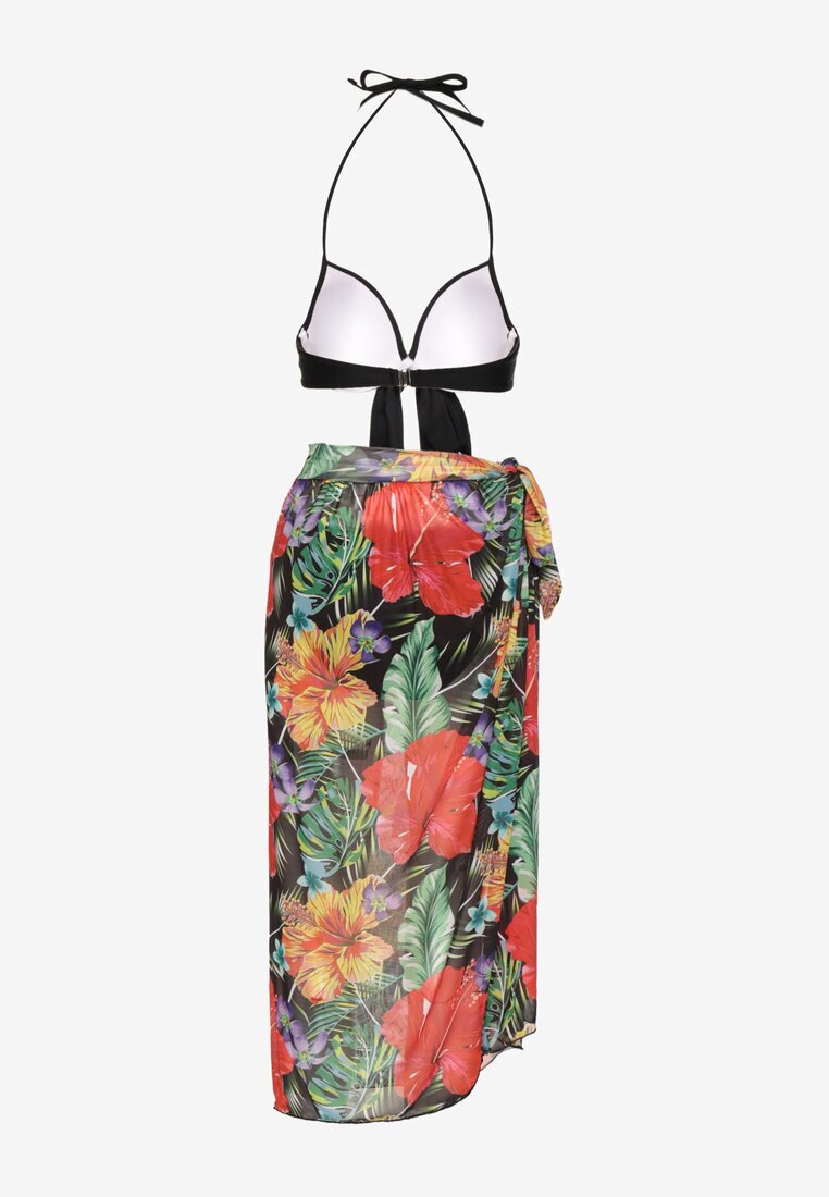 rosse line Bikini Negru Chiloți Sutien cu Legătură și Pareo Floral Folanira
