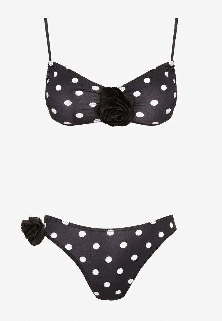 rosse line Bikini Negru cu Buline cu Aplicații Florale Sutien și Chiloți Loritia