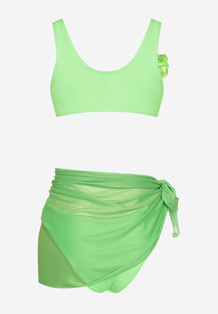 rosse line Bikini Verde deschis Chiloți slip Sutien cu Broșă Floare 3D și Pareo din plasă Folissa
