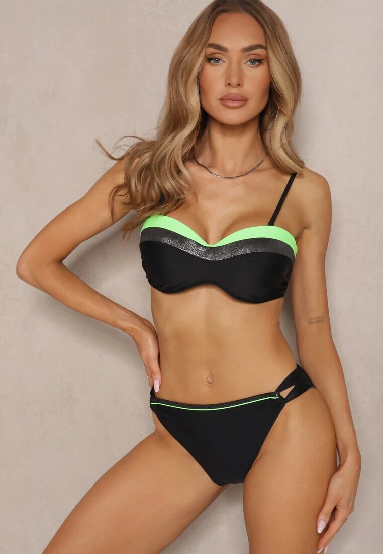 rosse line Bikini Verde-Negru cu Fir Metalic Sutien Întărit și Chiloți Mitelle