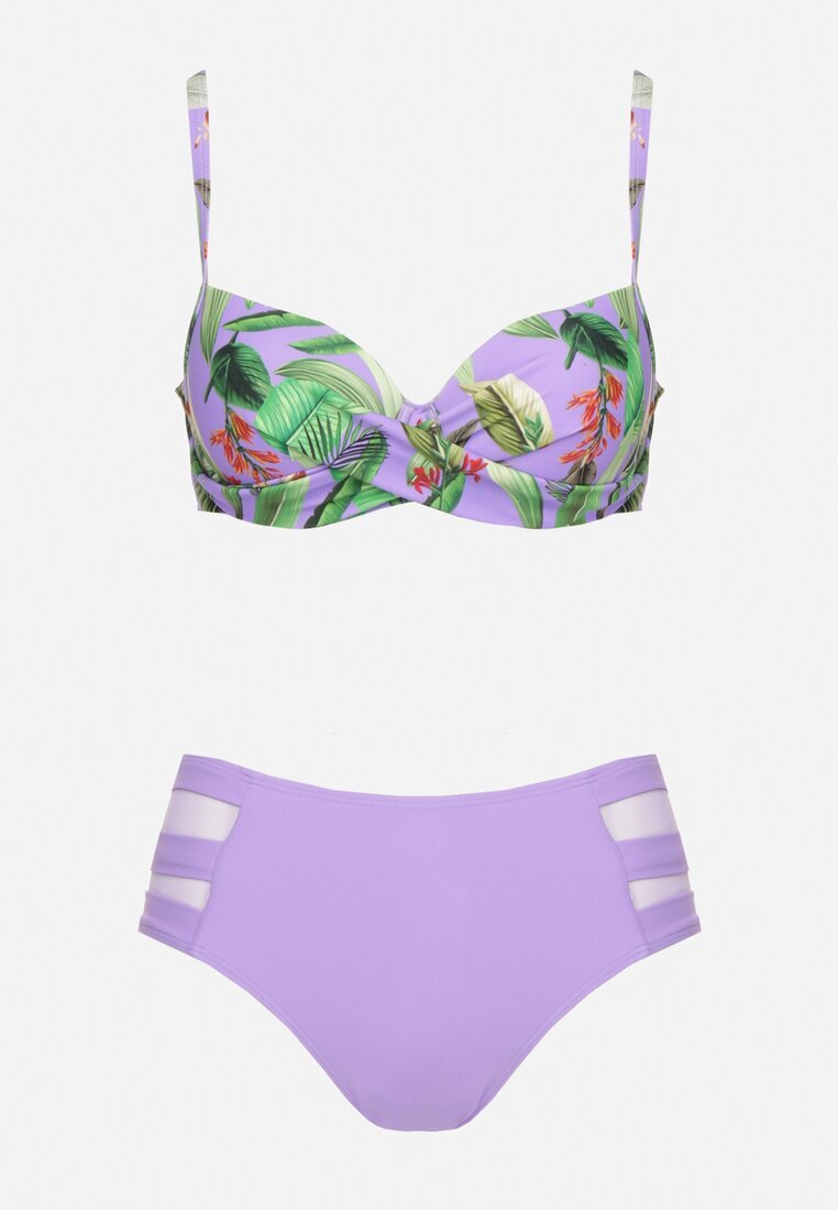 rosse line Bikini Violete Sutien cu Frunze și Chiloți Figi cu Inserții din Plasă Kinalea