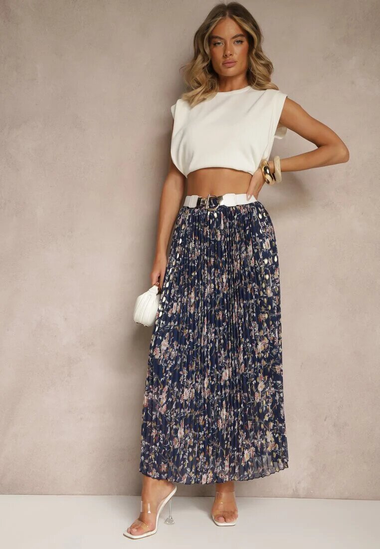 rosse line Fustă bleumarin florală cloș cu pliuri decorată cu imprimeu metalic Folonissa