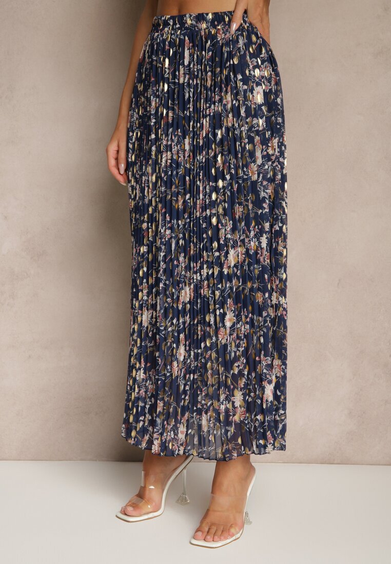 rosse line Fustă bleumarin florală cloș cu pliuri decorată cu imprimeu metalic Folonissa