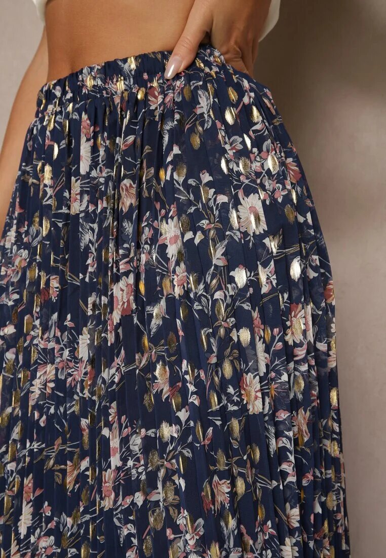rosse line Fustă bleumarin florală cloș cu pliuri decorată cu imprimeu metalic Folonissa