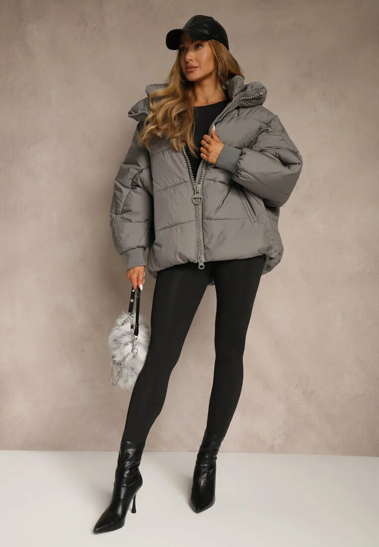 rosse line Geacă Puffer Gri Supradimensionată cu Glugă Mevenassa