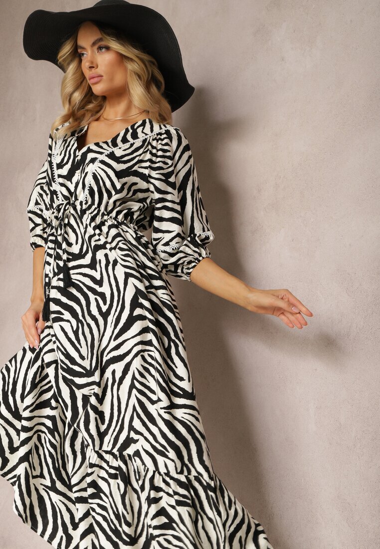 rosse line Rochie Alb-Negru din Viscoză și Bumbac Decorată cu Volane și Șnur în Talie Vantia