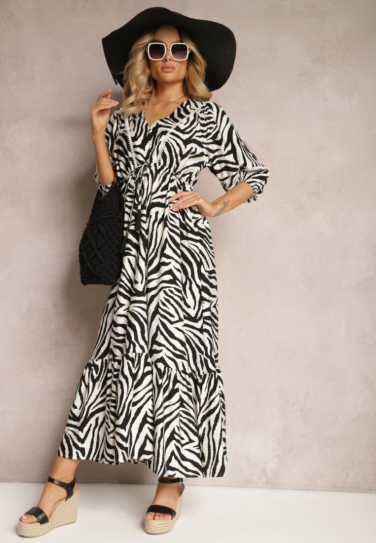 rosse line Rochie Alb-Negru din Viscoză și Bumbac Decorată cu Volane și Șnur în Talie Vantia