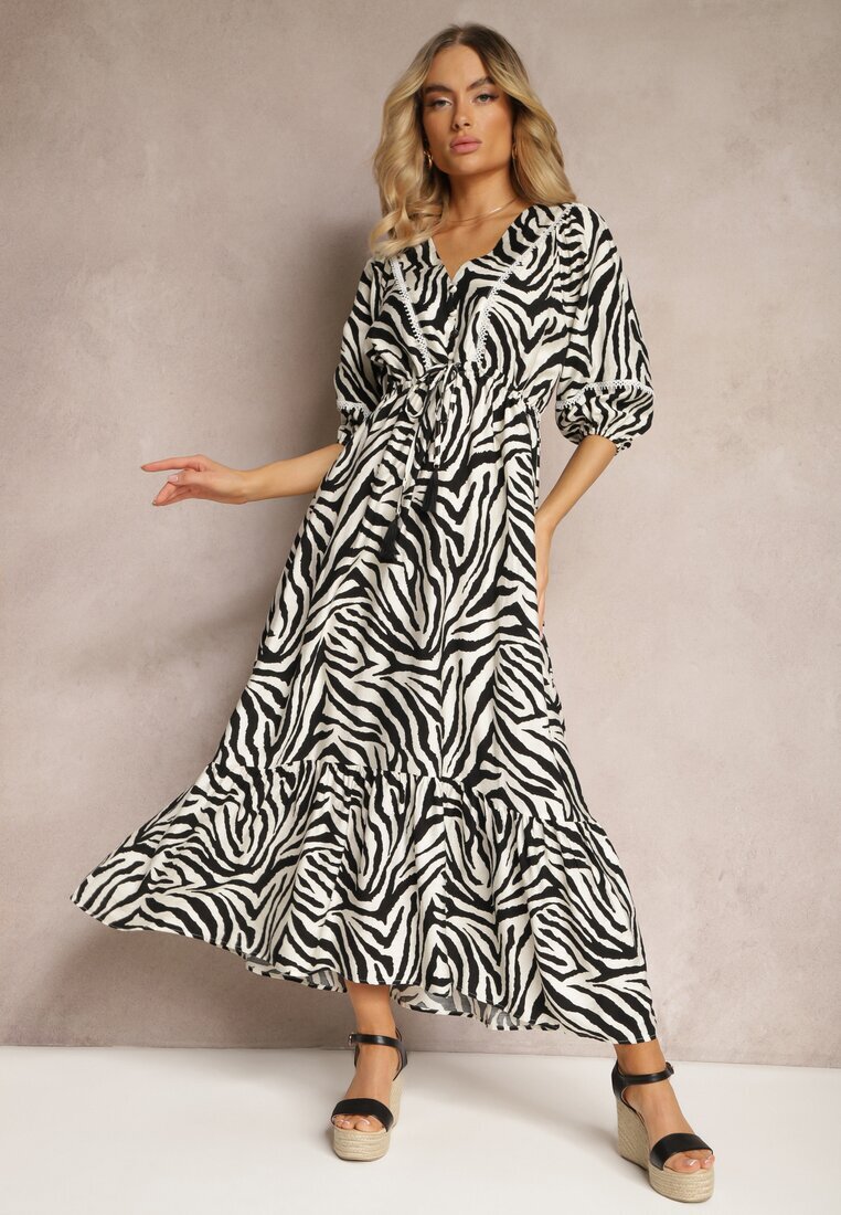 rosse line Rochie Alb-Negru din Viscoză și Bumbac Decorată cu Volane și Șnur în Talie Vantia