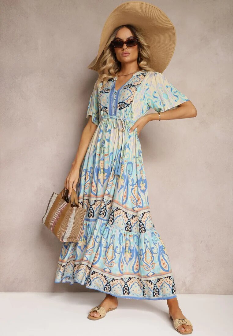 rosse line Rochie Albastră Boho din Viscoză cu Nasturi Decorativi și Curea Subțire în Talie Dimosia