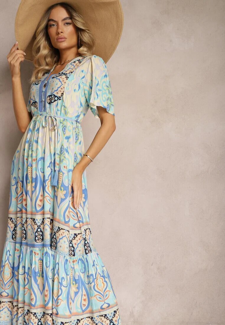rosse line Rochie Albastră Boho din Viscoză cu Nasturi Decorativi și Curea Subțire în Talie Dimosia