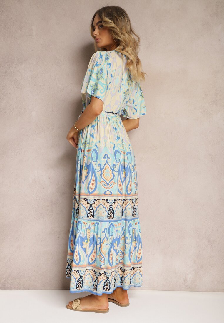 rosse line Rochie Albastră Boho din Viscoză cu Nasturi Decorativi și Curea Subțire în Talie Dimosia