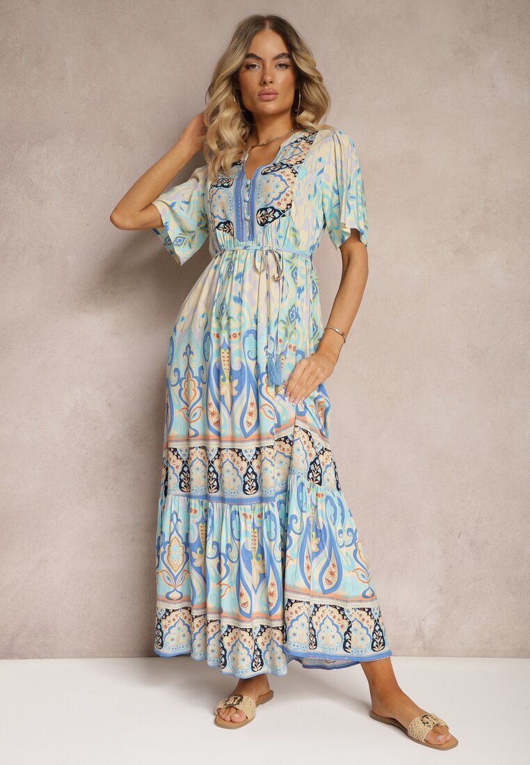 rosse line Rochie Albastră Boho din Viscoză cu Nasturi Decorativi și Curea Subțire în Talie Dimosia