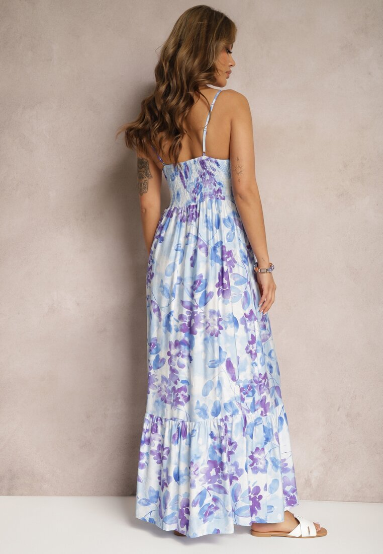 rosse line Rochie Albastră cu croi cloș cu imprimeu floral din Bumbac și Viscoză decorată cu legătură la decolteu Nasima