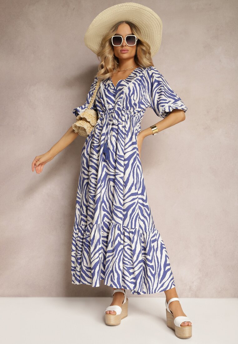 rosse line Rochie Bleumarin-Albă din Vâscoză și Bumbac Ornată cu Volan și Șnur în Talie Vantia