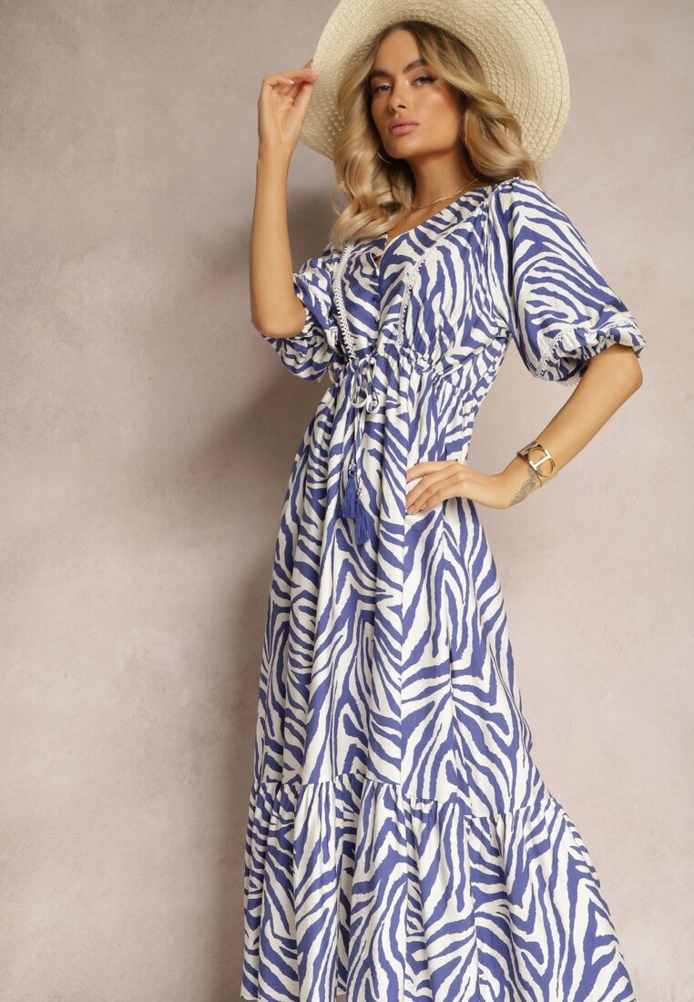 rosse line Rochie Bleumarin-Albă din Vâscoză și Bumbac Ornată cu Volan și Șnur în Talie Vantia