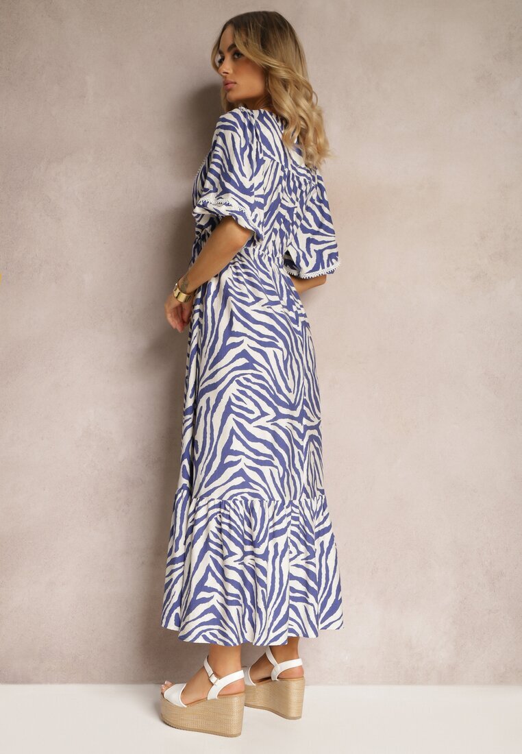 rosse line Rochie Bleumarin-Albă din Vâscoză și Bumbac Ornată cu Volan și Șnur în Talie Vantia