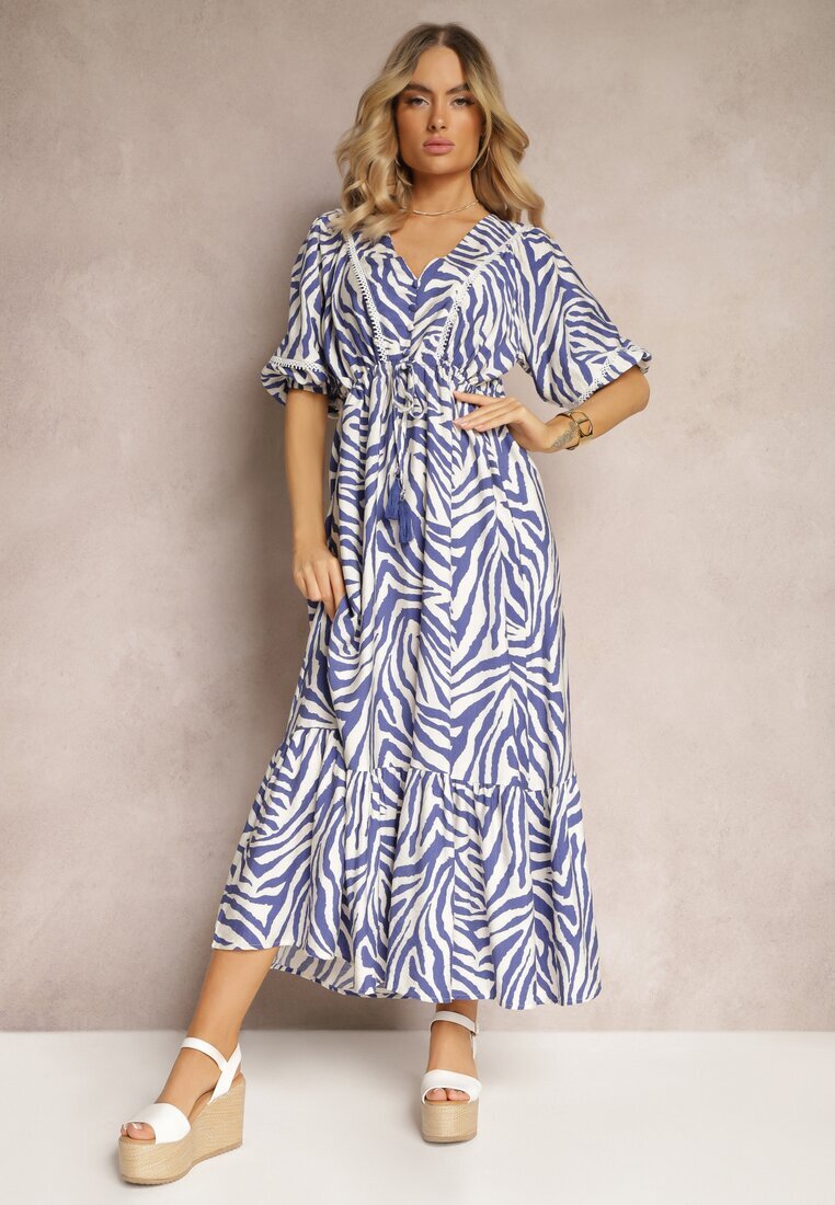 rosse line Rochie Bleumarin-Albă din Vâscoză și Bumbac Ornată cu Volan și Șnur în Talie Vantia