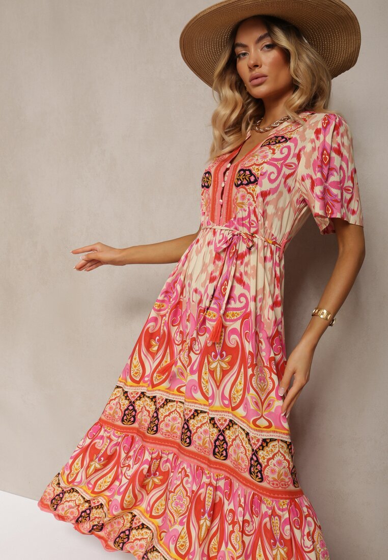 rosse line Rochie Boho Roșie din Viscoză cu Nasturi Decorativi și o Curea Subțire în Talie Dimosia