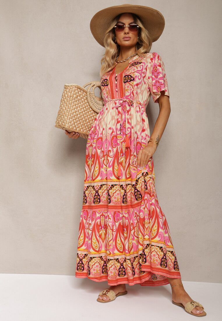 rosse line Rochie Boho Roșie din Viscoză cu Nasturi Decorativi și o Curea Subțire în Talie Dimosia