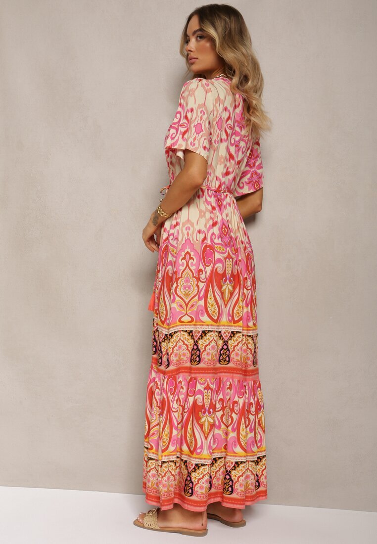 rosse line Rochie Boho Roșie din Viscoză cu Nasturi Decorativi și o Curea Subțire în Talie Dimosia