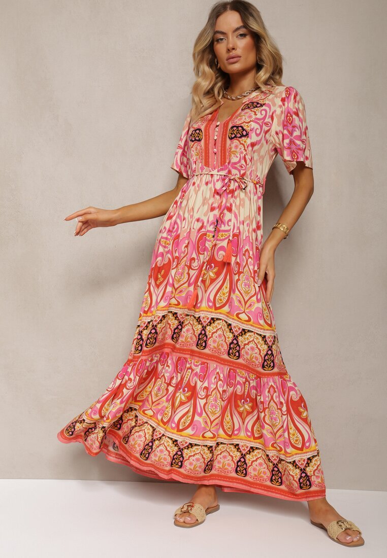 rosse line Rochie Boho Roșie din Viscoză cu Nasturi Decorativi și o Curea Subțire în Talie Dimosia