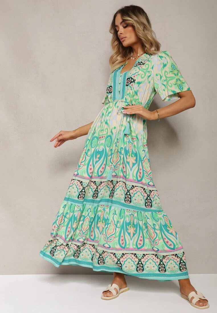 rosse line Rochie Boho Verde din Viscoză cu nasturi decorativi și o curea subțire în talie Dimosia