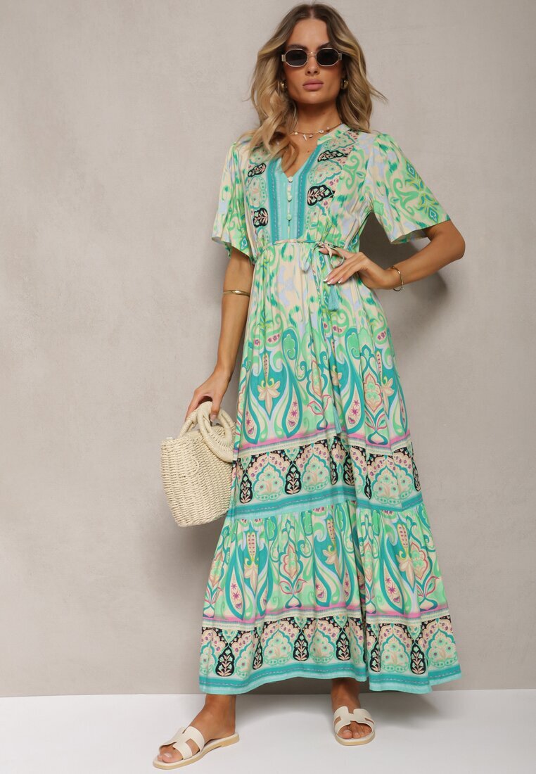 rosse line Rochie Boho Verde din Viscoză cu nasturi decorativi și o curea subțire în talie Dimosia