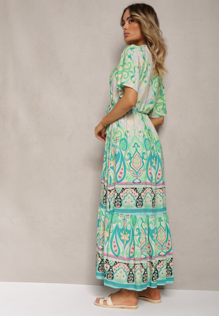 rosse line Rochie Boho Verde din Viscoză cu nasturi decorativi și o curea subțire în talie Dimosia