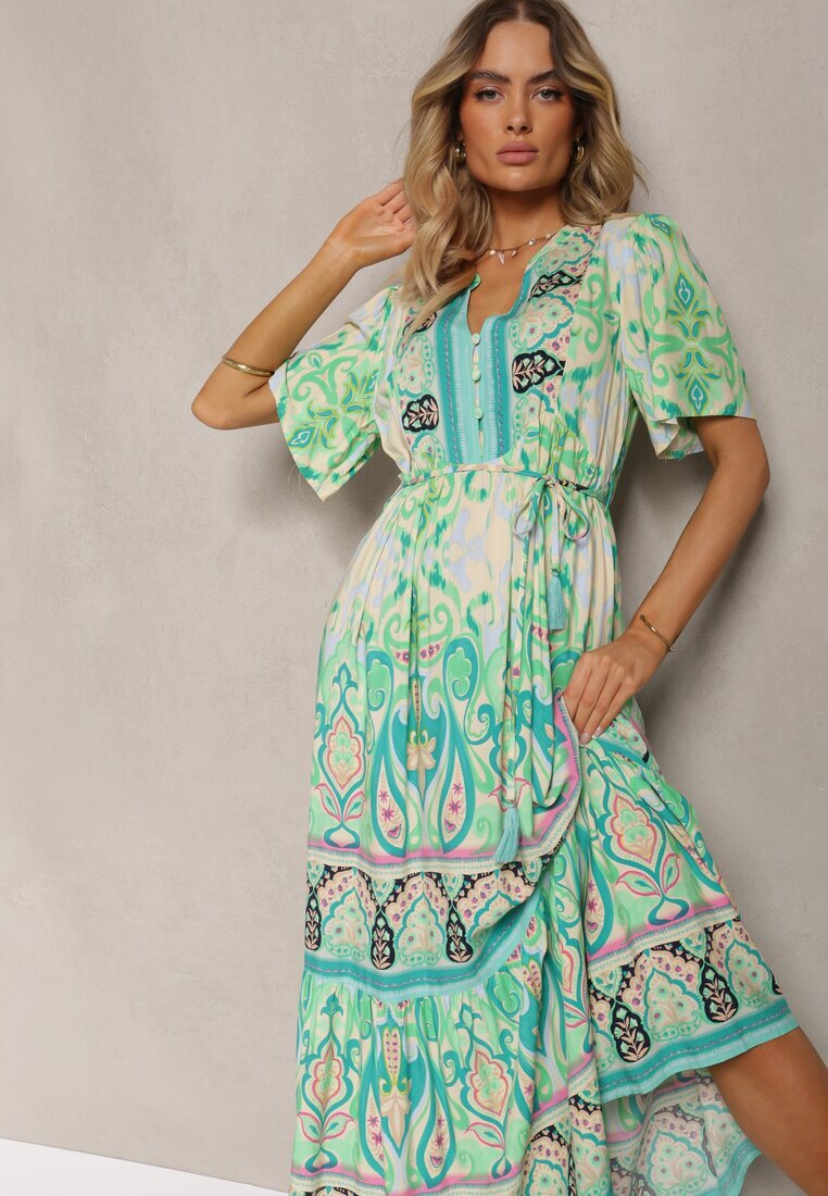 rosse line Rochie Boho Verde din Viscoză cu nasturi decorativi și o curea subțire în talie Dimosia