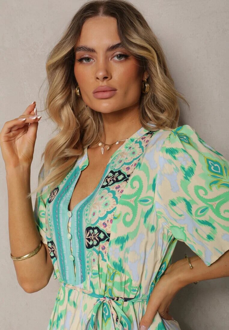 rosse line Rochie Boho Verde din Viscoză cu nasturi decorativi și o curea subțire în talie Dimosia