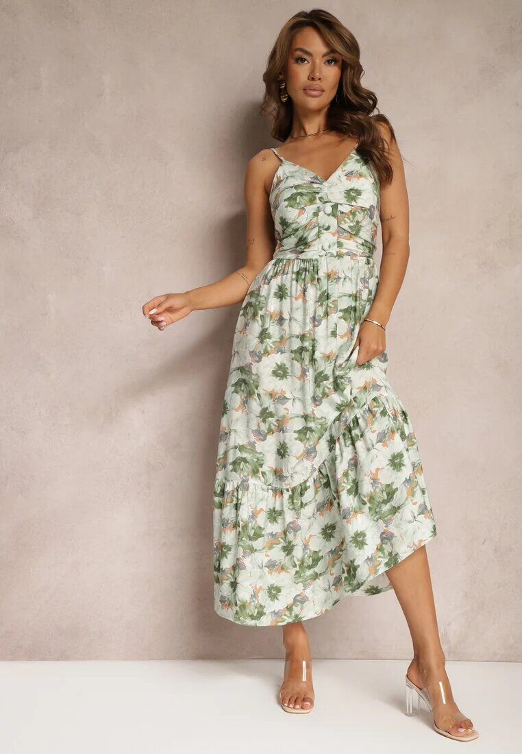 rosse line Rochie Cloș Verde Deschis cu Bretele cu Șlițuri și Decorată cu Nasturi Dimline