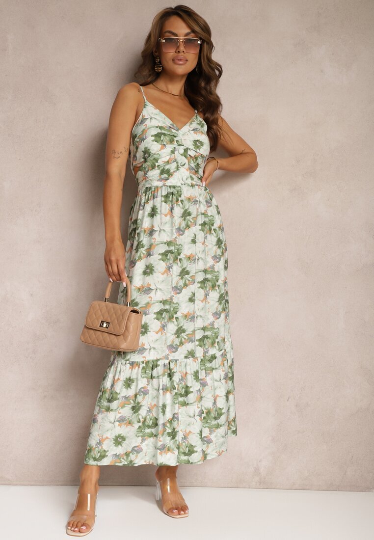 rosse line Rochie Cloș Verde Deschis cu Bretele cu Șlițuri și Decorată cu Nasturi Dimline