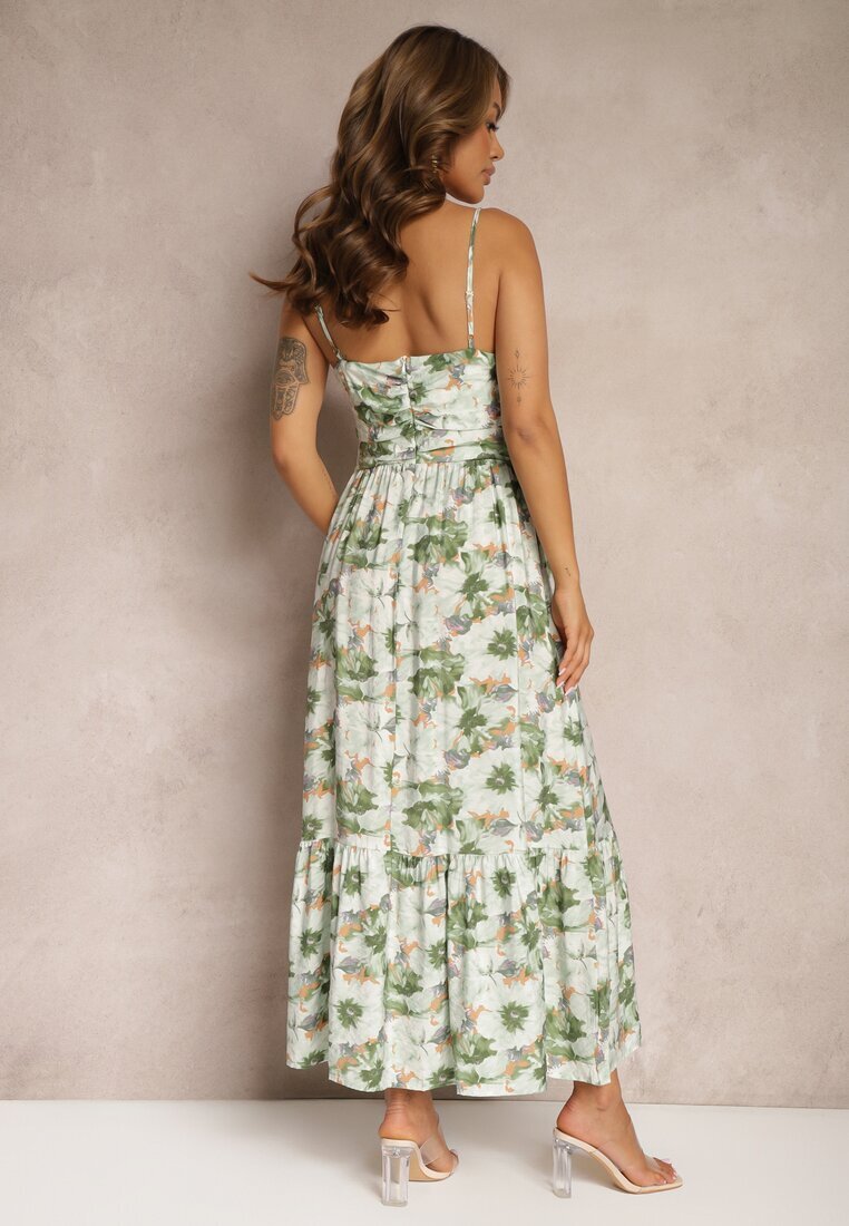rosse line Rochie Cloș Verde Deschis cu Bretele cu Șlițuri și Decorată cu Nasturi Dimline