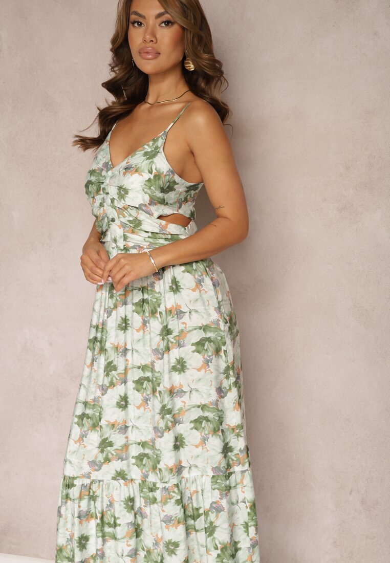 rosse line Rochie Cloș Verde Deschis cu Bretele cu Șlițuri și Decorată cu Nasturi Dimline