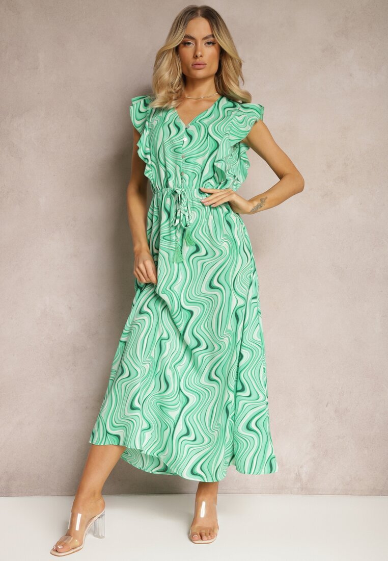 rosse line Rochie Evazată Verde deschis cu nasturi și elastic în talie Mottella